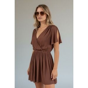 Wilfred Aritzia Brown Mini Dress Size XS Wrap V-Neck Short Sleeve Casual Boho